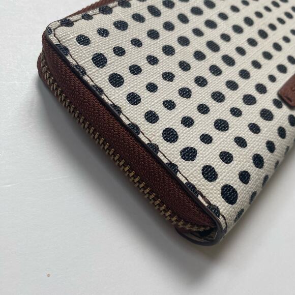 Vintage Fossil Women's Zip Around Wristlet Wallet Brown Leather Y2K Retro Dots - Picture 3 of 8